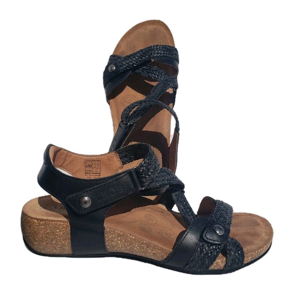 Taos Trulie Black Woven Leather Comfort Sandals Made in Spain Womens 8-8.5 EU 39